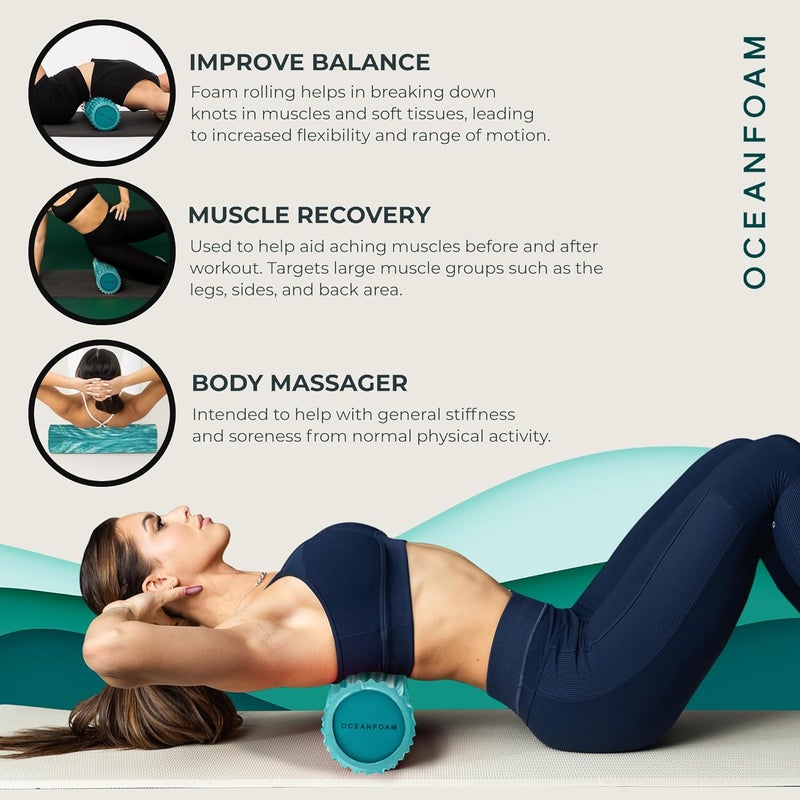 Oceanfoam Tidal Roller - Jade & Seafoam Marbled - Muscle Massage Foam Roller for Back Pain & Stretching - Firm and Ergonomic Wide Wave Textured - Yoga, Athletics, & Wellness - Full Size, 20" x 5" - Image 5